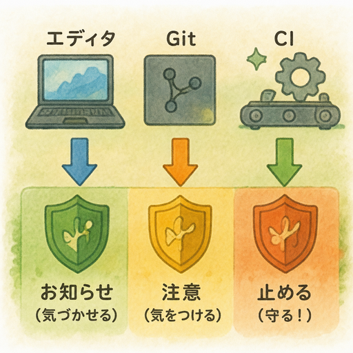 エディタ・Git・CIで段階的に止める
